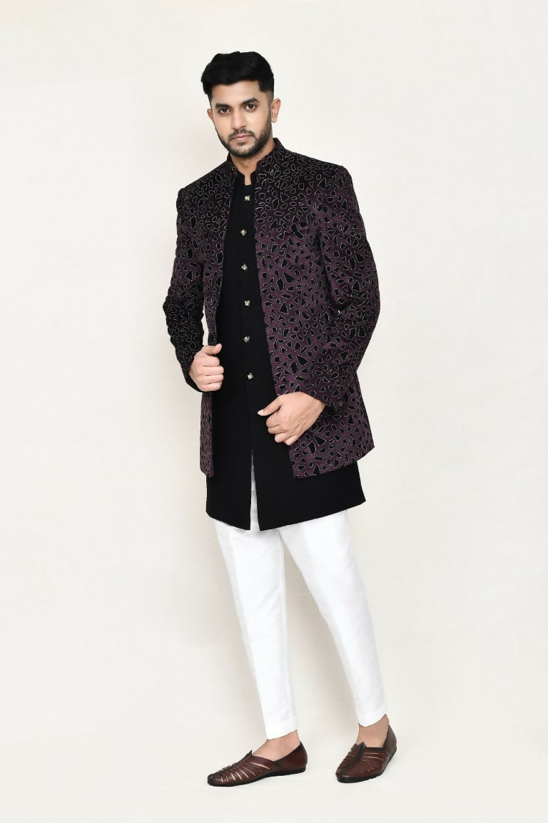 Joban Fashion Black Colored Velvet Based With Aplics Fabric Open Jacket, Indo Western With Pant