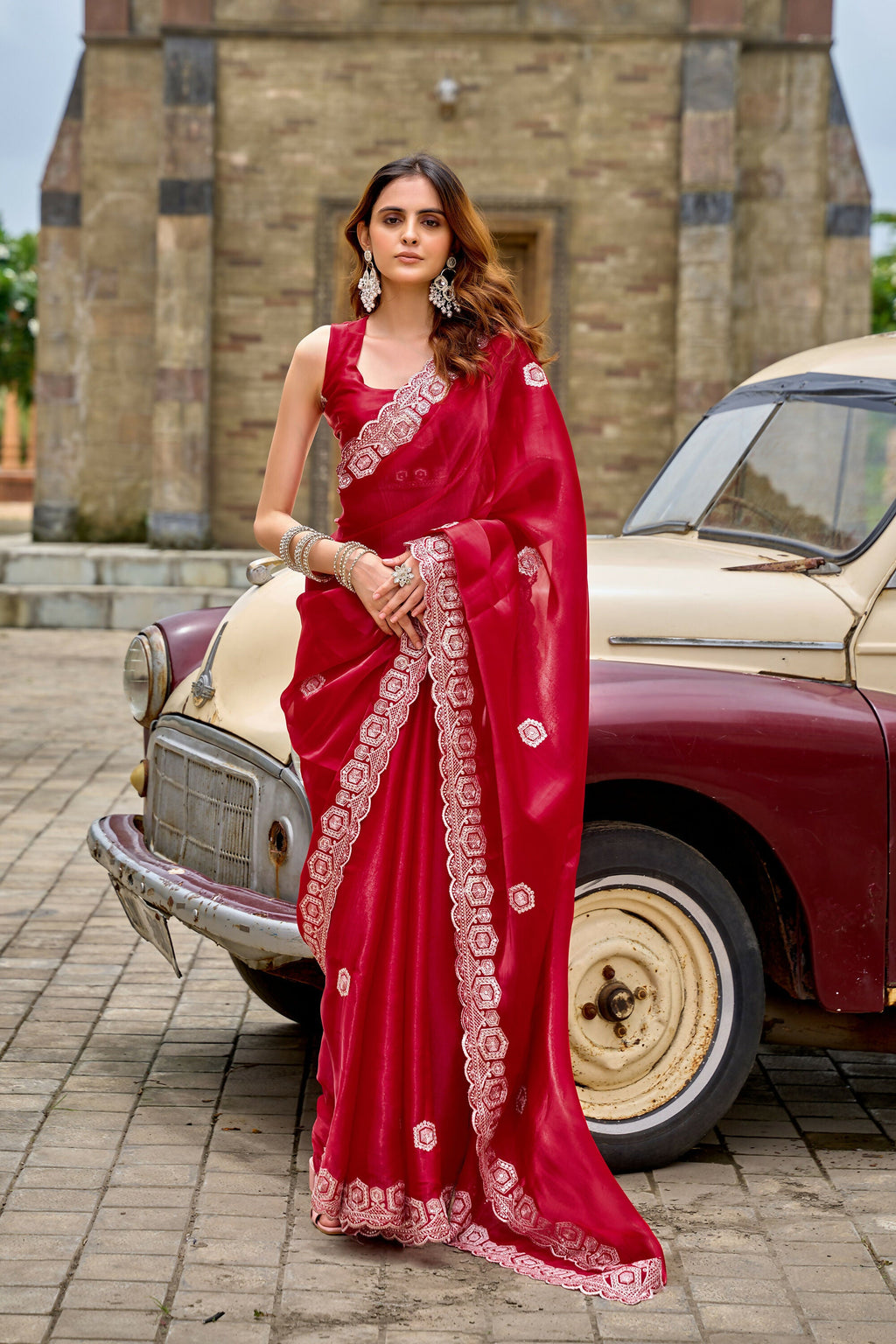 Vastranavya Red Embroidery Work Shimmer Chiffon Saree with Unstitched Blouse - Distacart