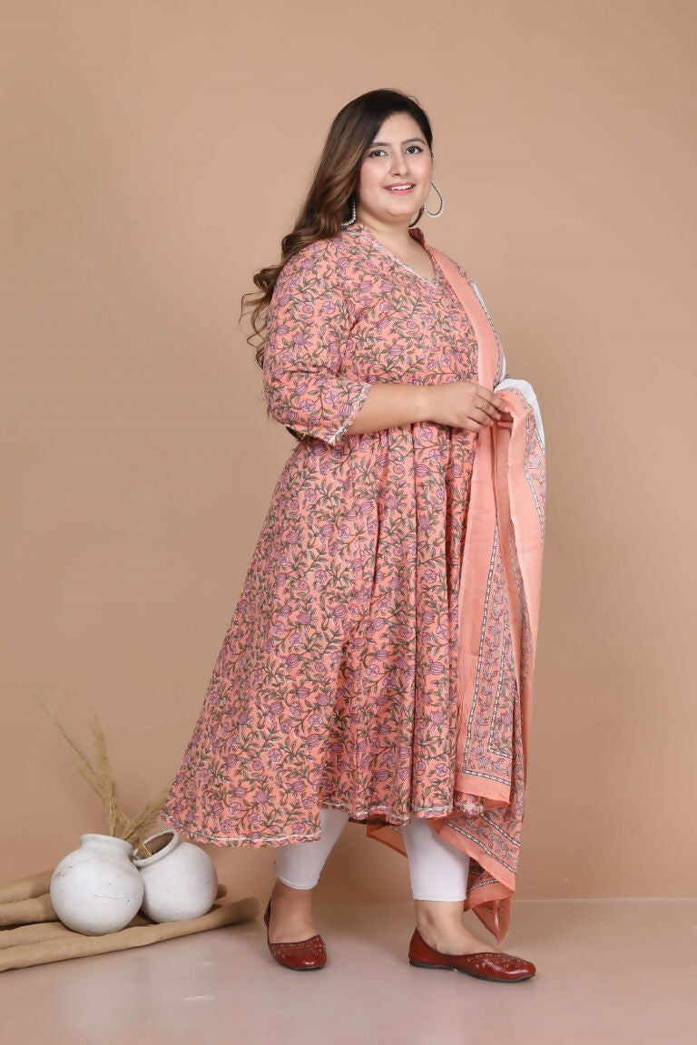 Miravan Women's Plus Size Surpassing Orange Partywear Floral Printed Anarkali Kurta Dupatta 