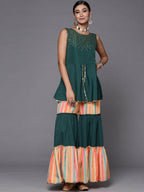Ahalyaa Green Yoke Geometric Printed High Slit Sequinned Kurti with Sharara - Distacart