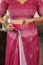 Joban Fashion Pink Floral Linen Ready To Wear Saree With Unstitched Blouse - Distacart
