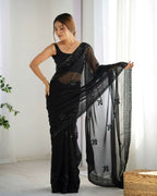 Attractive Looking Georgette Thread, Sequance Embroidery Work Party Wear Saree - Black