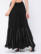 Mominos Fashion Black Viscose Rayon Flared Palazzo with Mirror Lace Work - Distacart