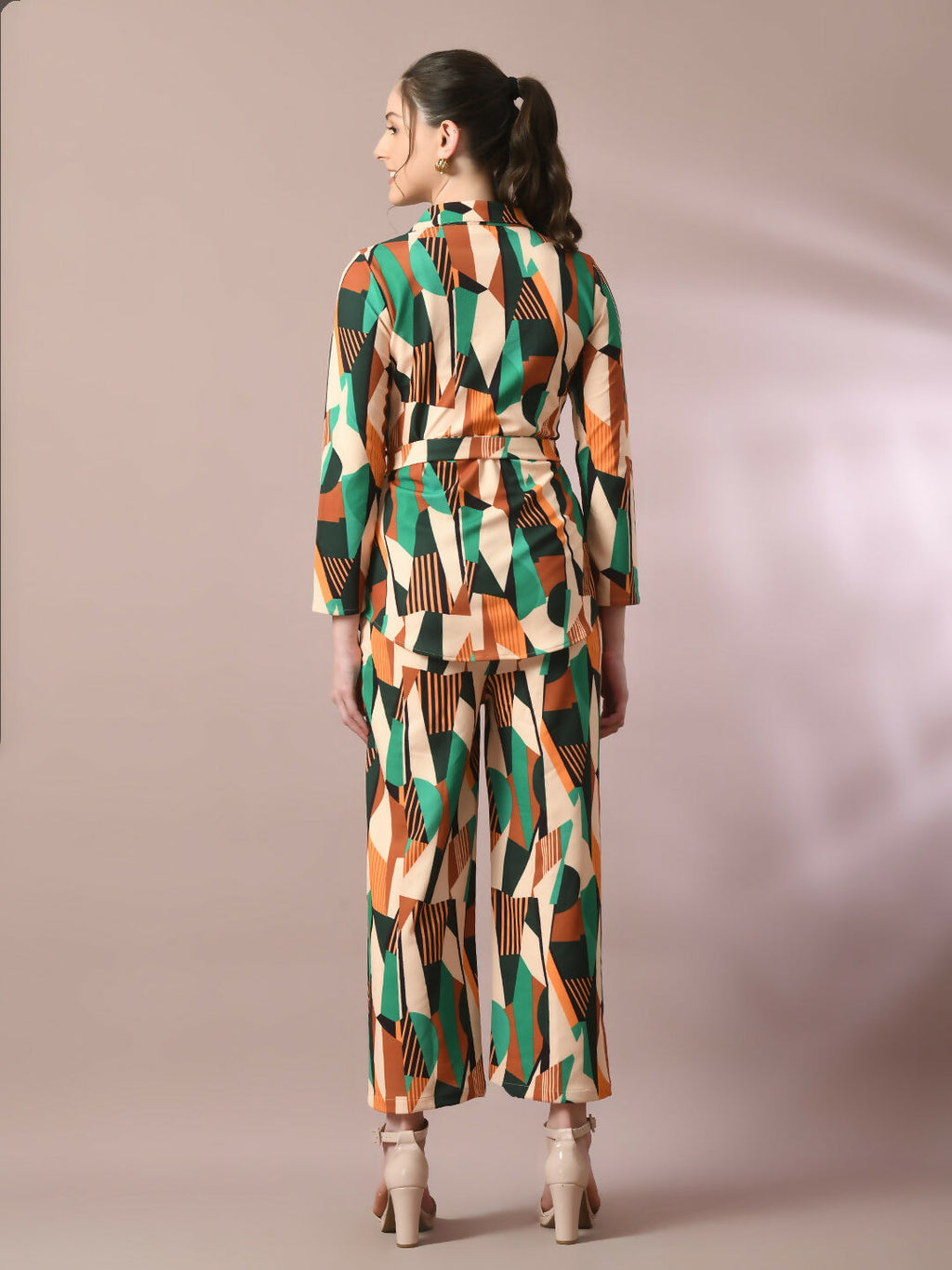 Myshka Women's Multi Printed Polo Collar Party Top With Trousers Co-ord set