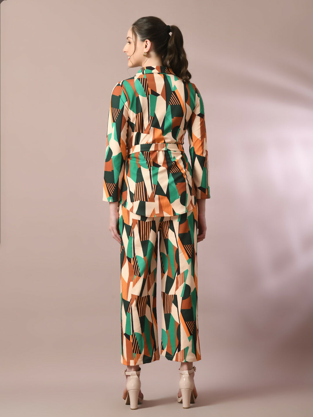 Myshka Women's Multi Printed Polo Collar Party Top With Trousers Co-ord set