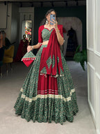 Vastranavya Navaratri Special Pure Cotton Printed With Gota Patti And Lace Touch Up Lehenga with Stitched Choli - Green