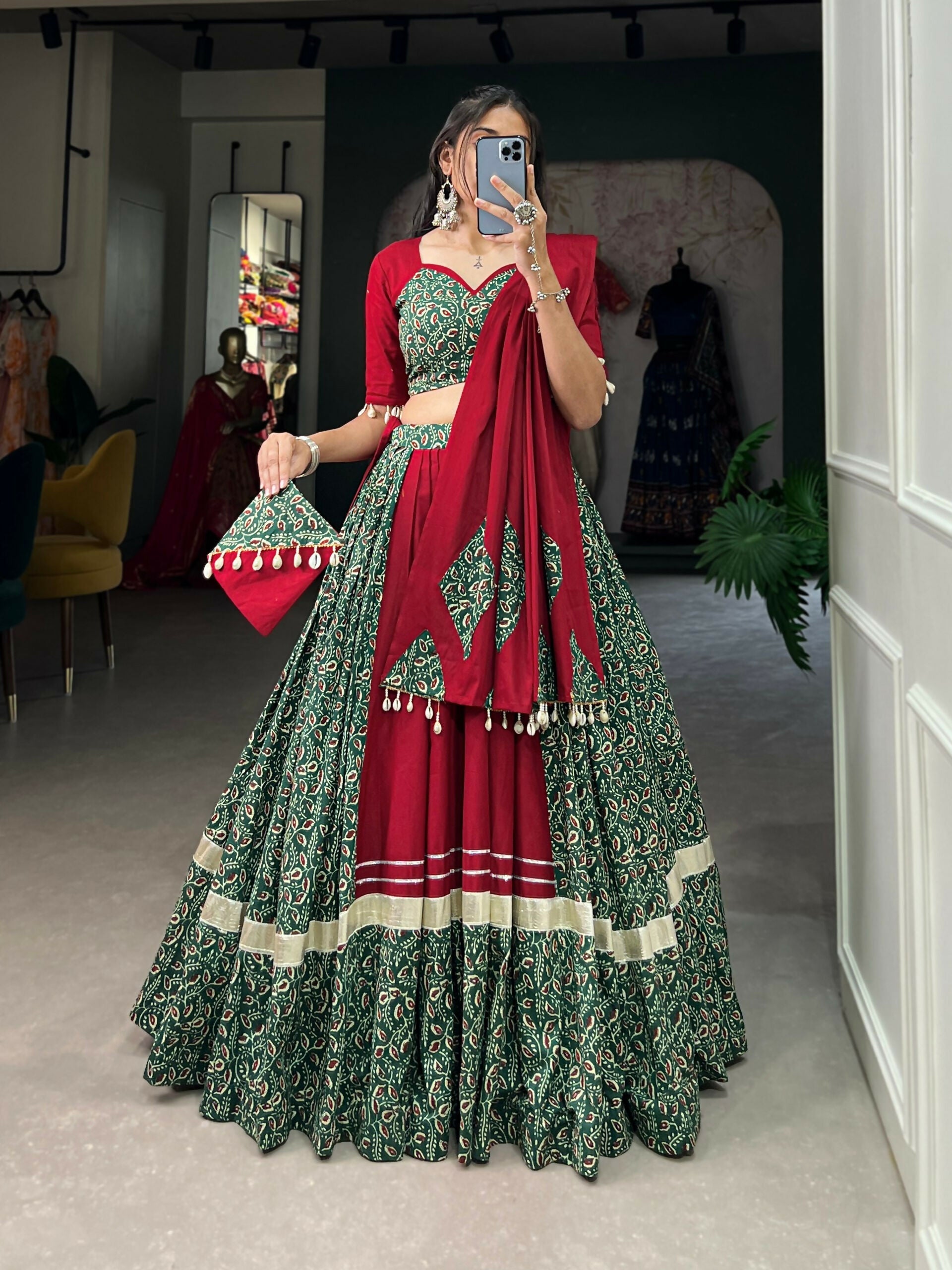 Vastranavya Navaratri Special Pure Cotton Printed With Gota Patti And Lace Touch Up Lehenga with Stitched Choli - Green