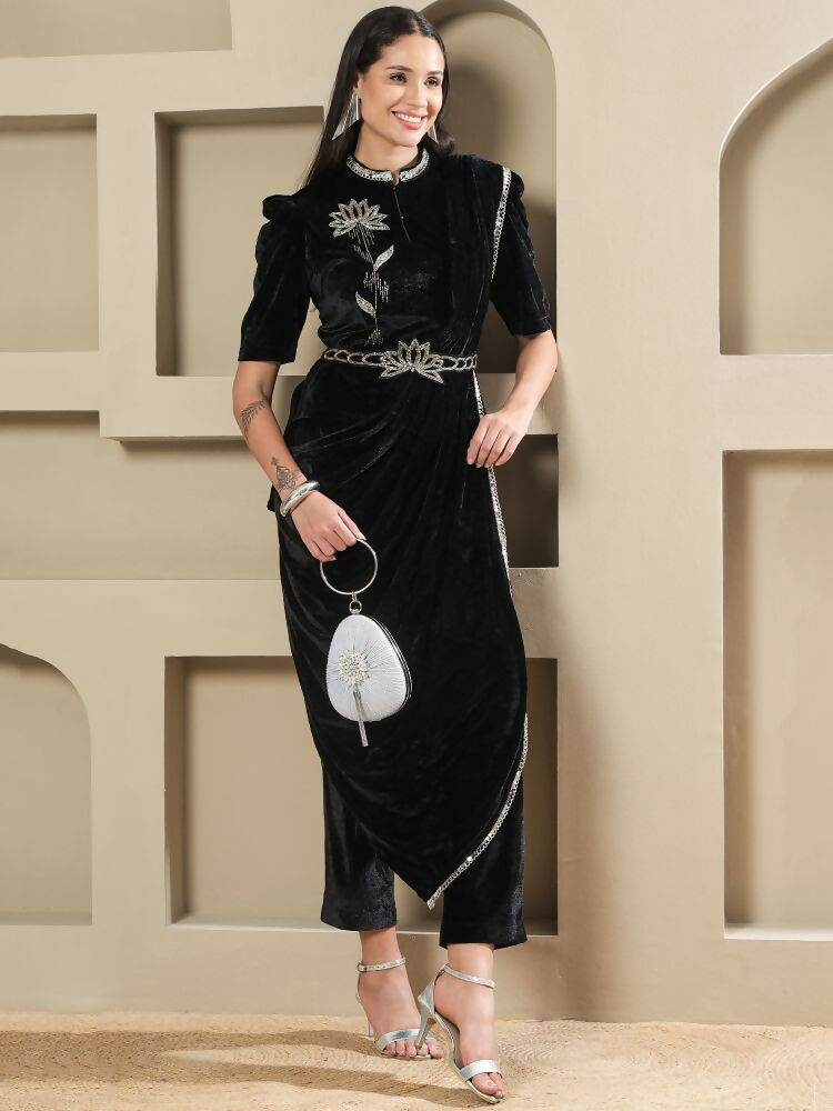 Joban Fashion Women Black Velvet Hand Embellishment Stitched Kurta Set - Distacart
