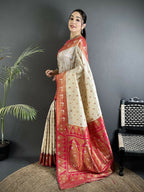 Joban Fashion Off White Intricate Motifs Soft Silk Banarasi Saree