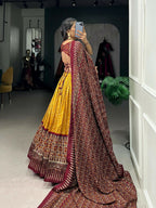 Vastranavya Bandhej And Ajarakh Print Tussar Silk Lehenga Choli - Mustard
