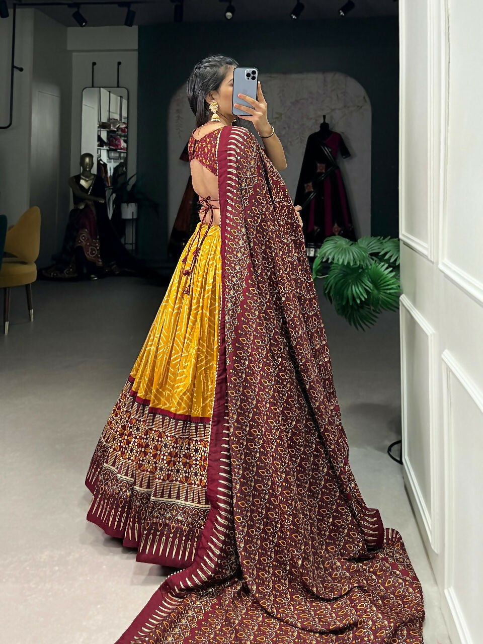Vastranavya Bandhej And Ajarakh Print Tussar Silk Lehenga Choli - Mustard