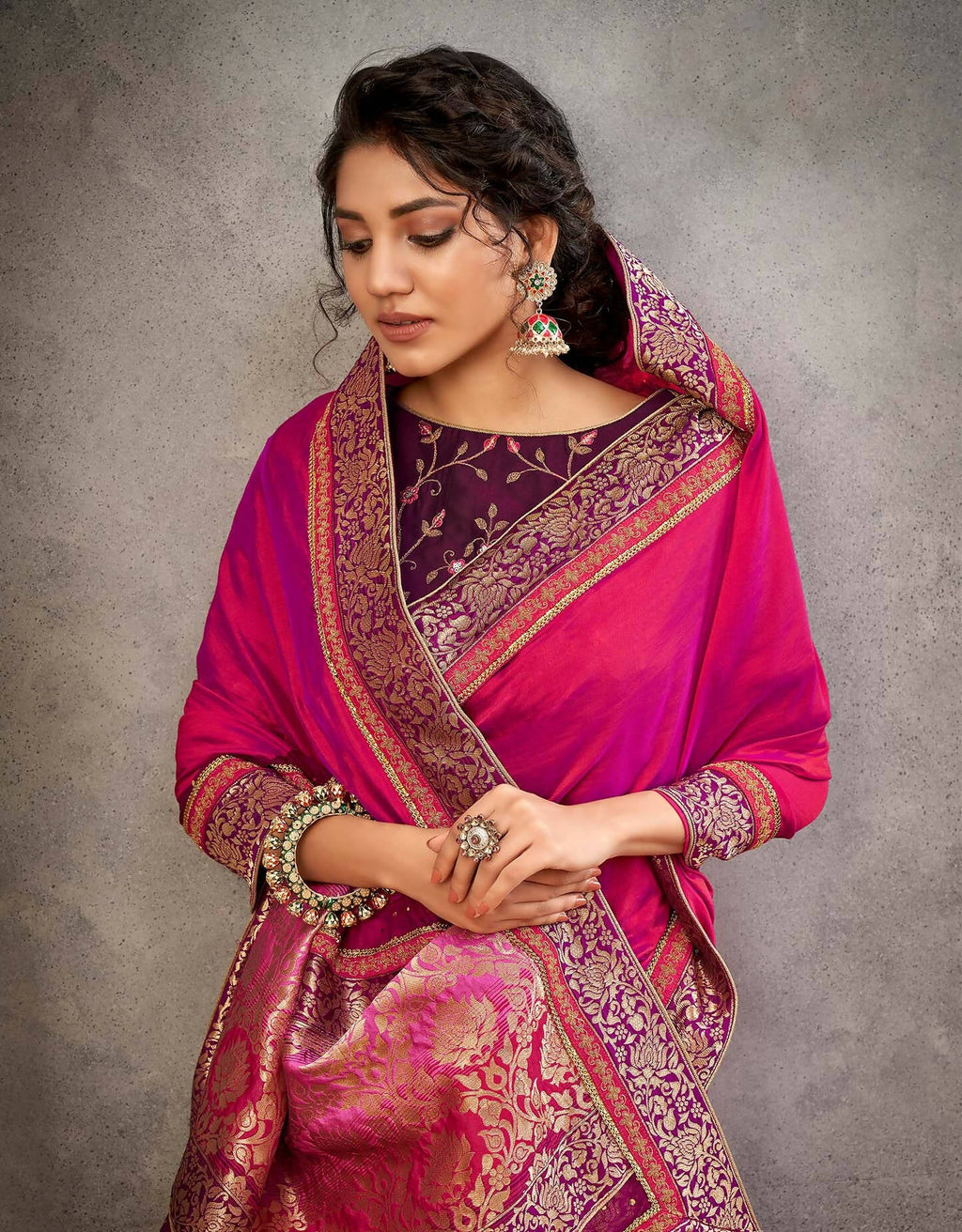 Pinkish-Purple Dual Tone Silk Georgette Thread, Zari And Cord Embroidery, Handwork Butta Saree - Norita Arinya