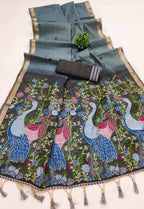 Vastranavya Grey Muga Cotton Meenakari & Azarakh Pallu Saree with Contrast Blouse - Distacart