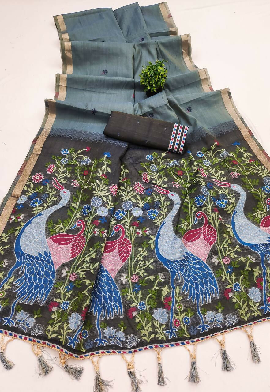 Vastranavya Grey Muga Cotton Meenakari & Azarakh Pallu Saree with Contrast Blouse - Distacart