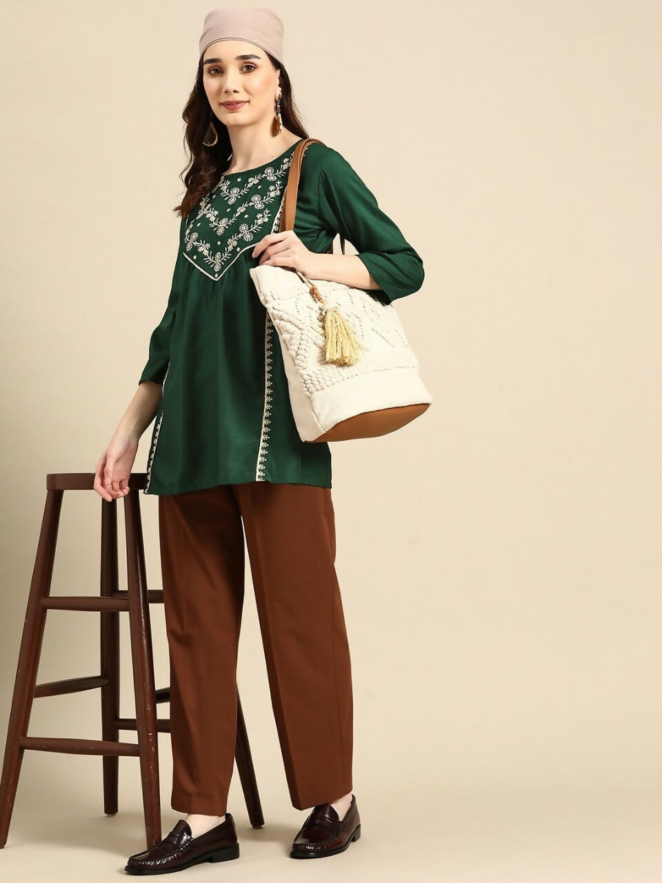 Women's Dark Green Viscose blend Embroidered Short Top - Marina