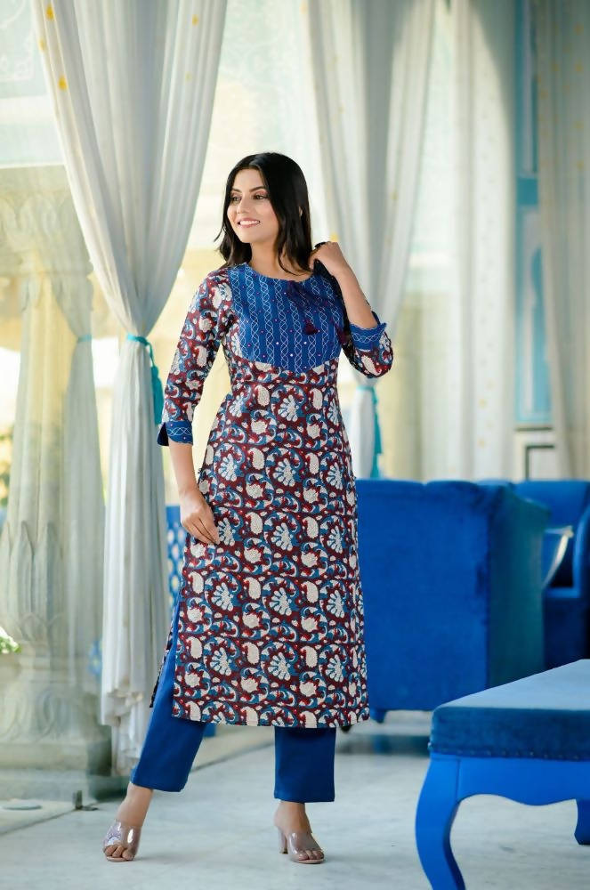 Yufta Women Blue Floral Printed Regular Pure Cotton Kurta with Trouser