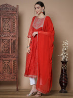 Myshka Women's Red Anarkali Kurta & With Dupatta