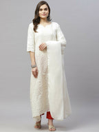 Miravan Women's Beige Embroidered Chikankari Kurta & Dupatta