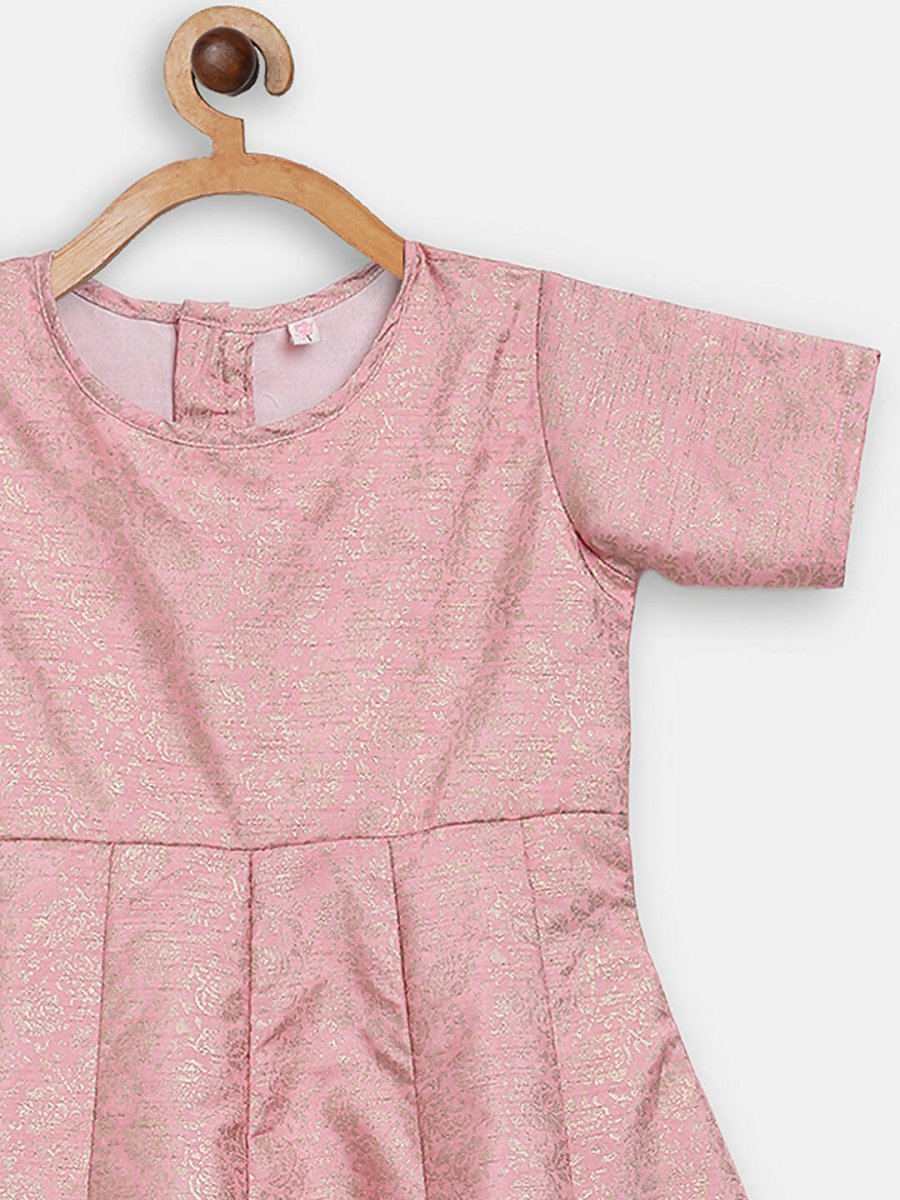 Ahalyaa Pink Poly Silk Gold Print Girl's Kids Dress For Girls