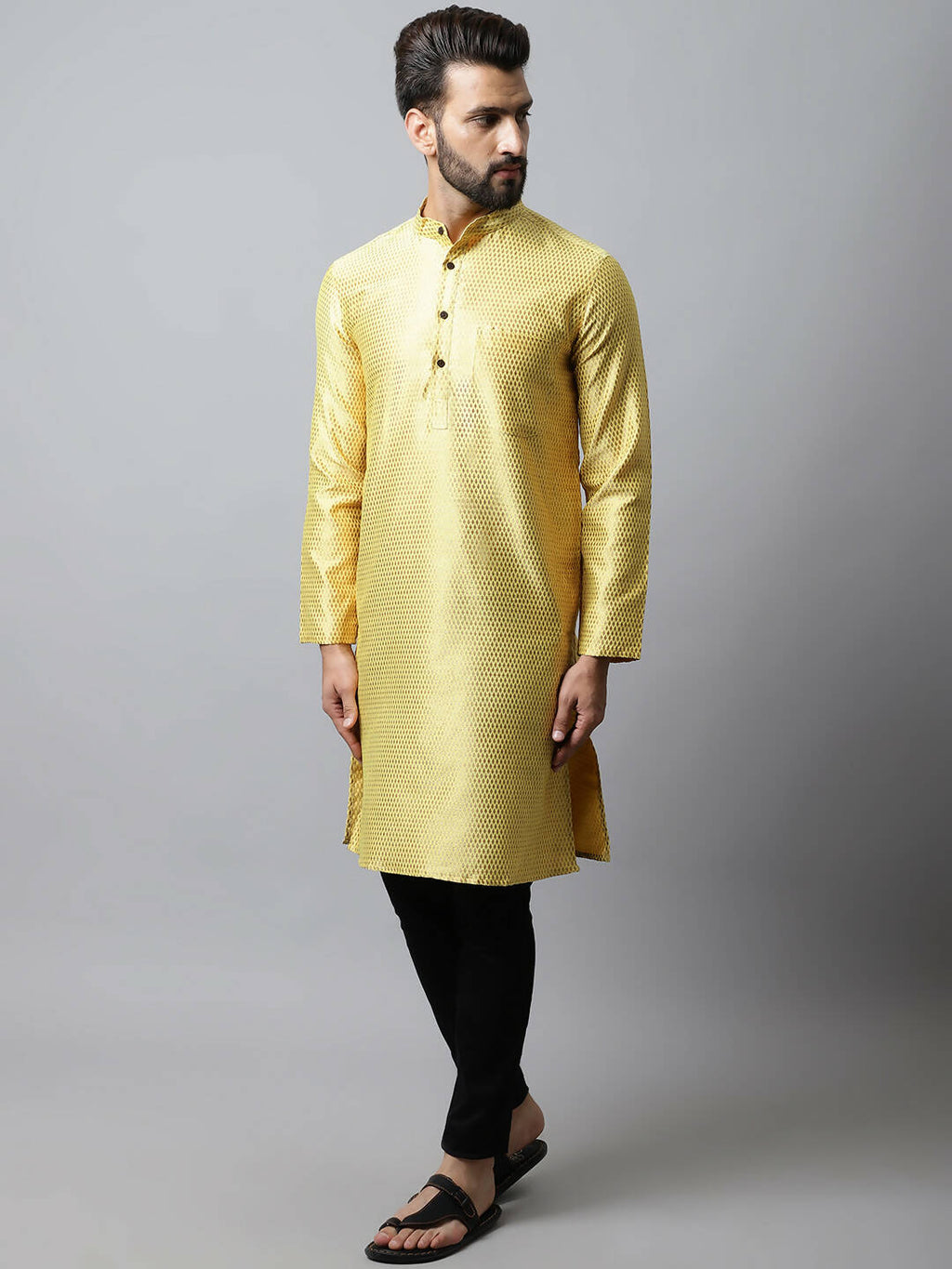 Even Apparels Yellow Color Art Silk Banarsi Silk Men's Kurta With Band Collar (BS017) - Distacart
