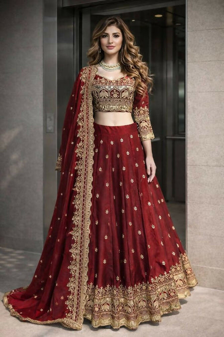 Teeya Creation Maroon Color Fendy Satin Heavy Embroidery Work Wedding Wear Stitched Lehenga Choli