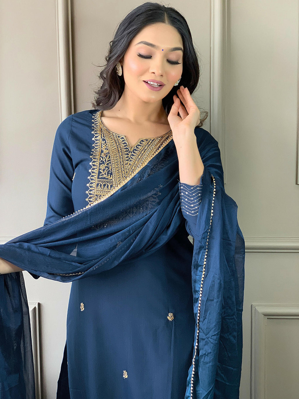 Partywear Designer Rayon Slub Blue Stitched Suit With Dupatta - Tanisha