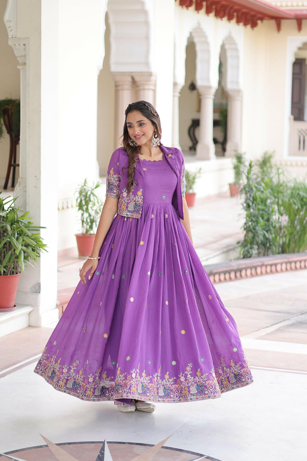 Joban Fashion Purple Readymade Kurta Set With Sequence embroidery Work - Distacart