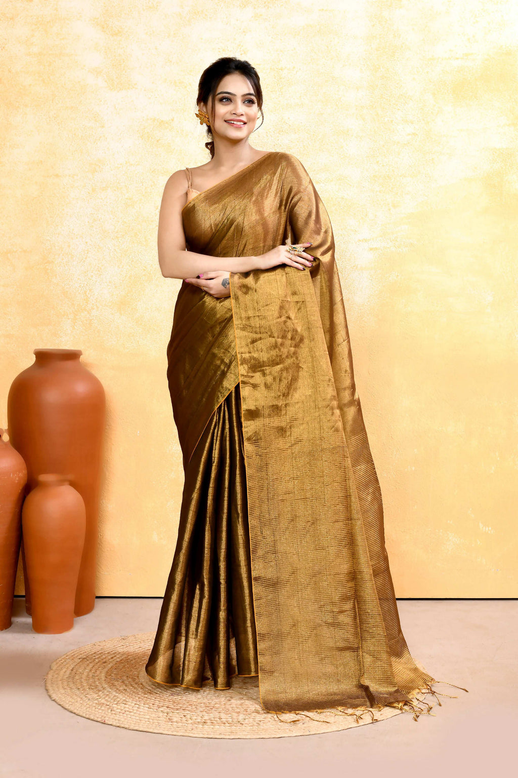 Piyari Fashion Women's Gold Dual Tone Organic Tissue Saree With Blouse Piece - Distacart