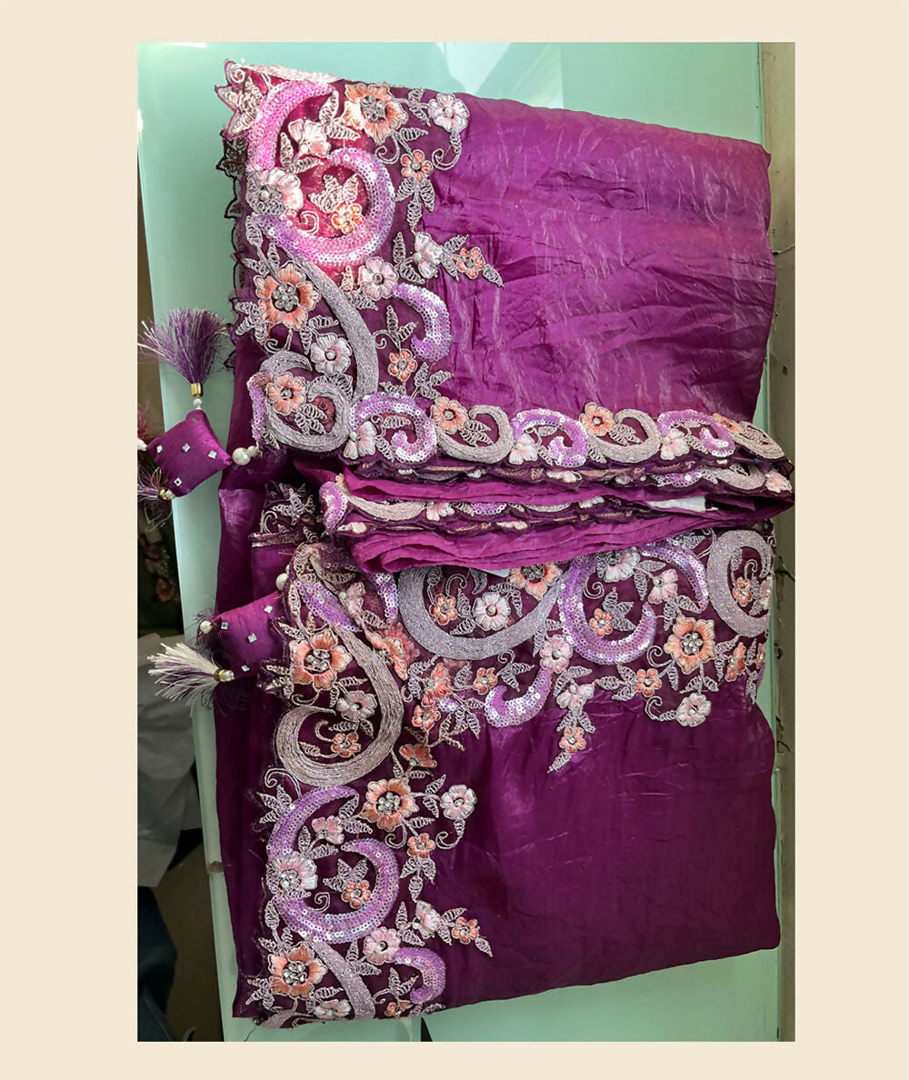 Purple Banarasi Crush Silk Thread, Sequence, Cord Embroidered with Stone & Moti Work Saree - Mohmanthan Dakshika