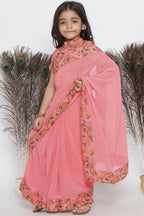 Little Bansi Floral Print Ready To Wear Saree And Floral Blouse - Coral