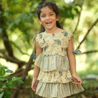 Mhyssa Beige and Blue Round Neck Flared Frock With Gathers