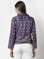 Myshka Women Purple Cotton Blend Printed Full Sleeve Shirt Collar Casual Jacket