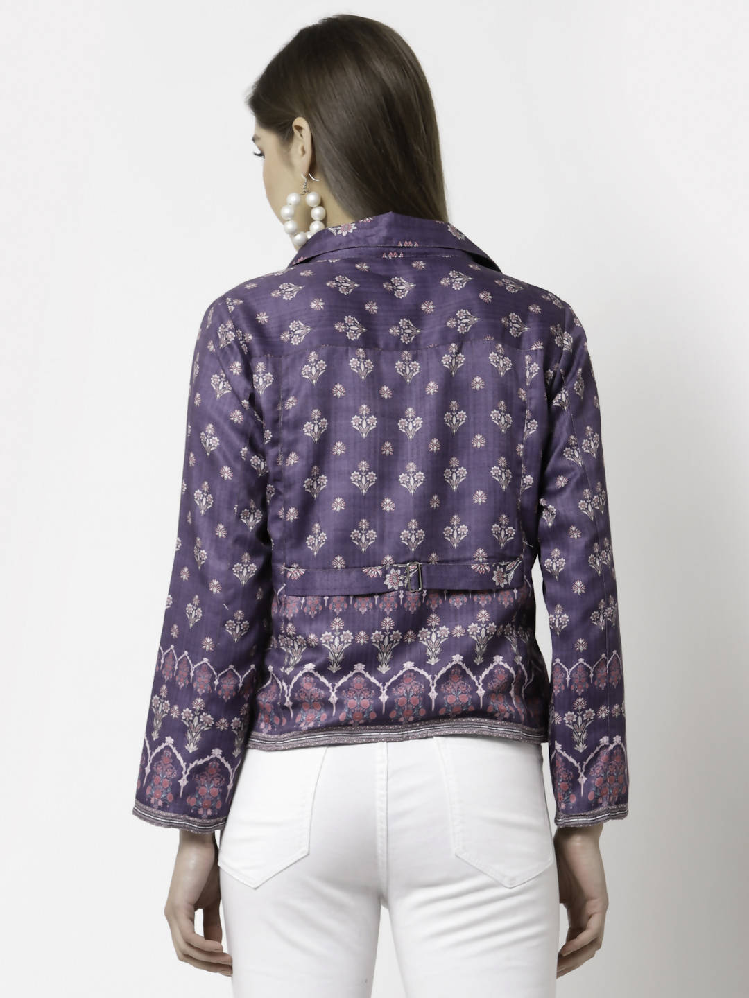Myshka Women Purple Cotton Blend Printed Full Sleeve Shirt Collar Casual Jacket