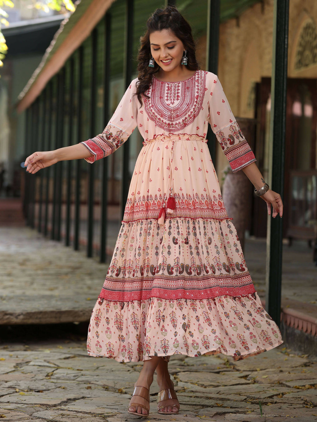 Juniper Women's Peach Georgette Floral Embroderied Maxi Dress - Distacart