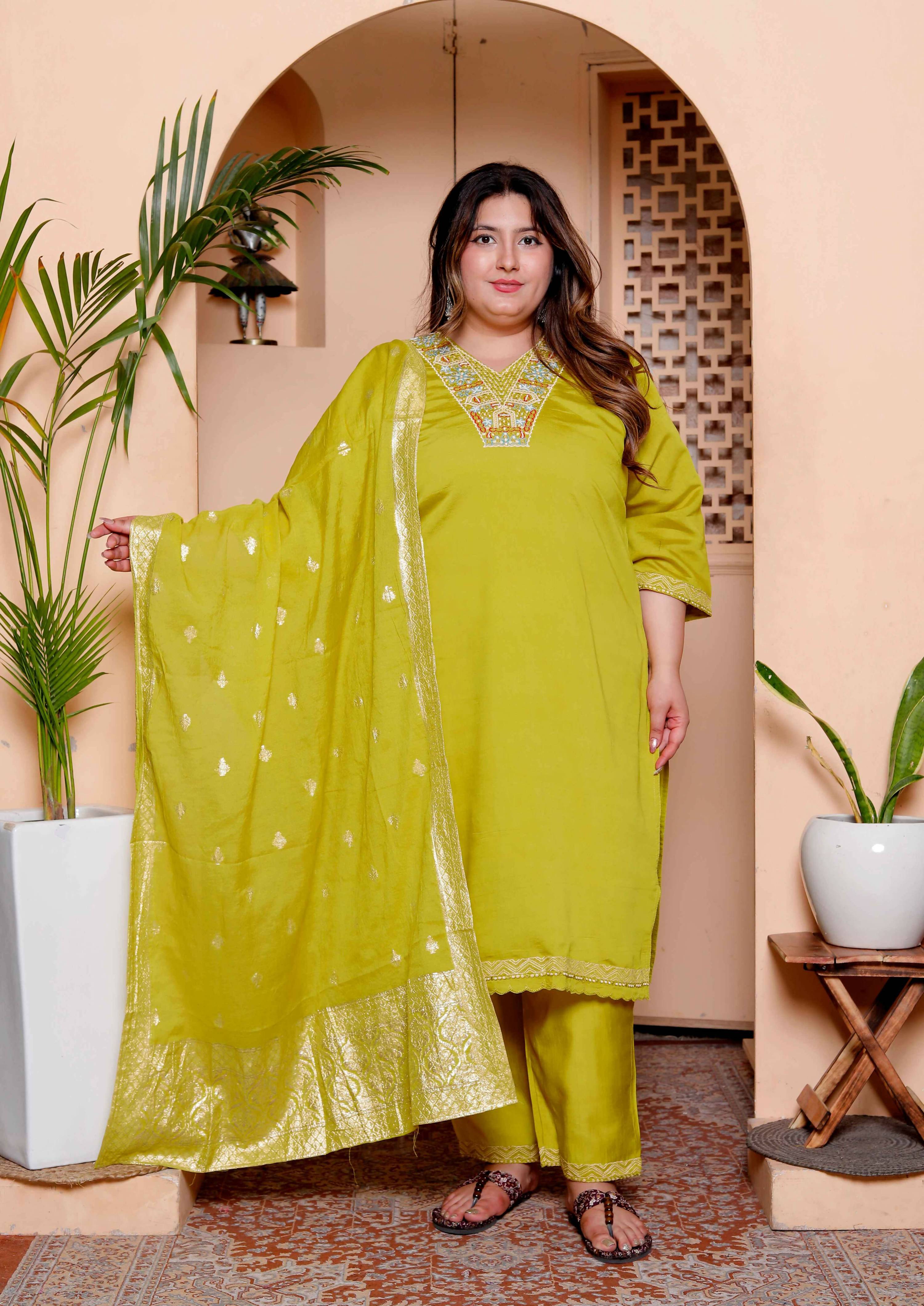 Miravan Womens Plus Size Muslin Yellow Kurta and Palazzo with Dupatta Set - Distacart