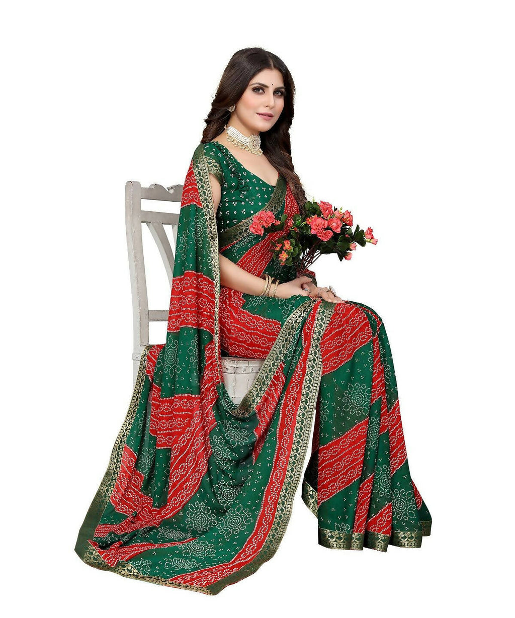 Vamika Green Georgette Printed With Lace Saree (MANYA GREEN RED) - Distacart