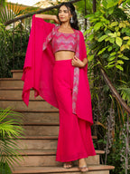Janasya Pink Georgette Embroidered Top Bottom Cape