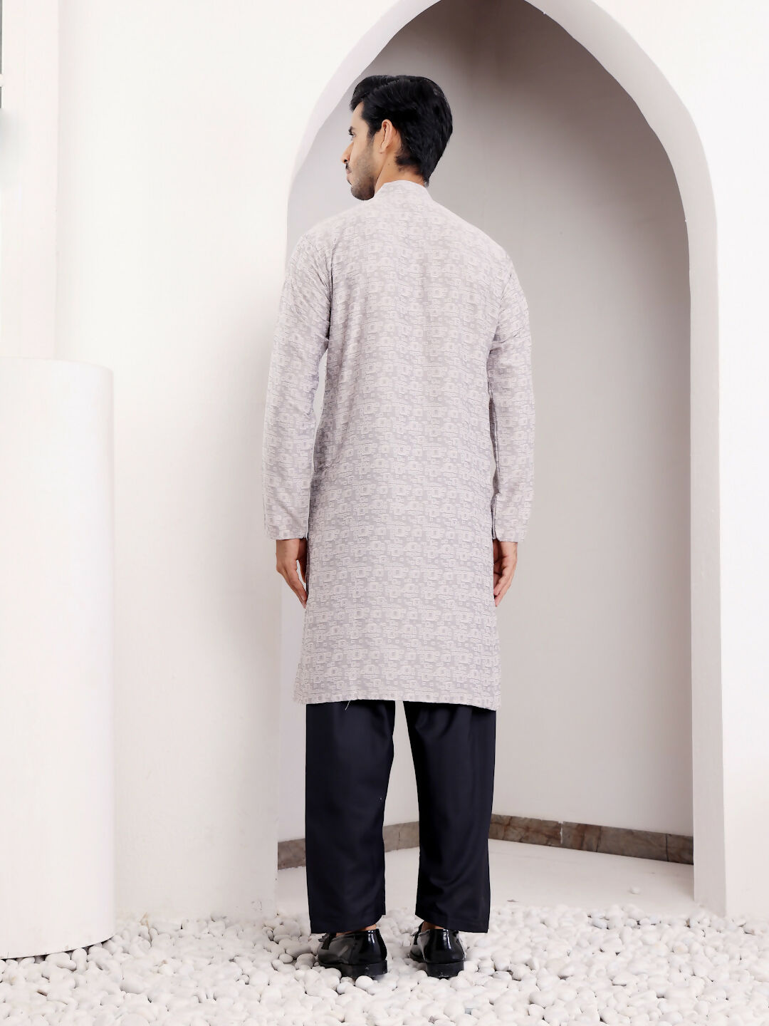 Light Grey Viscose Woven Jacquard Work Men's Kurta - Mahotsav