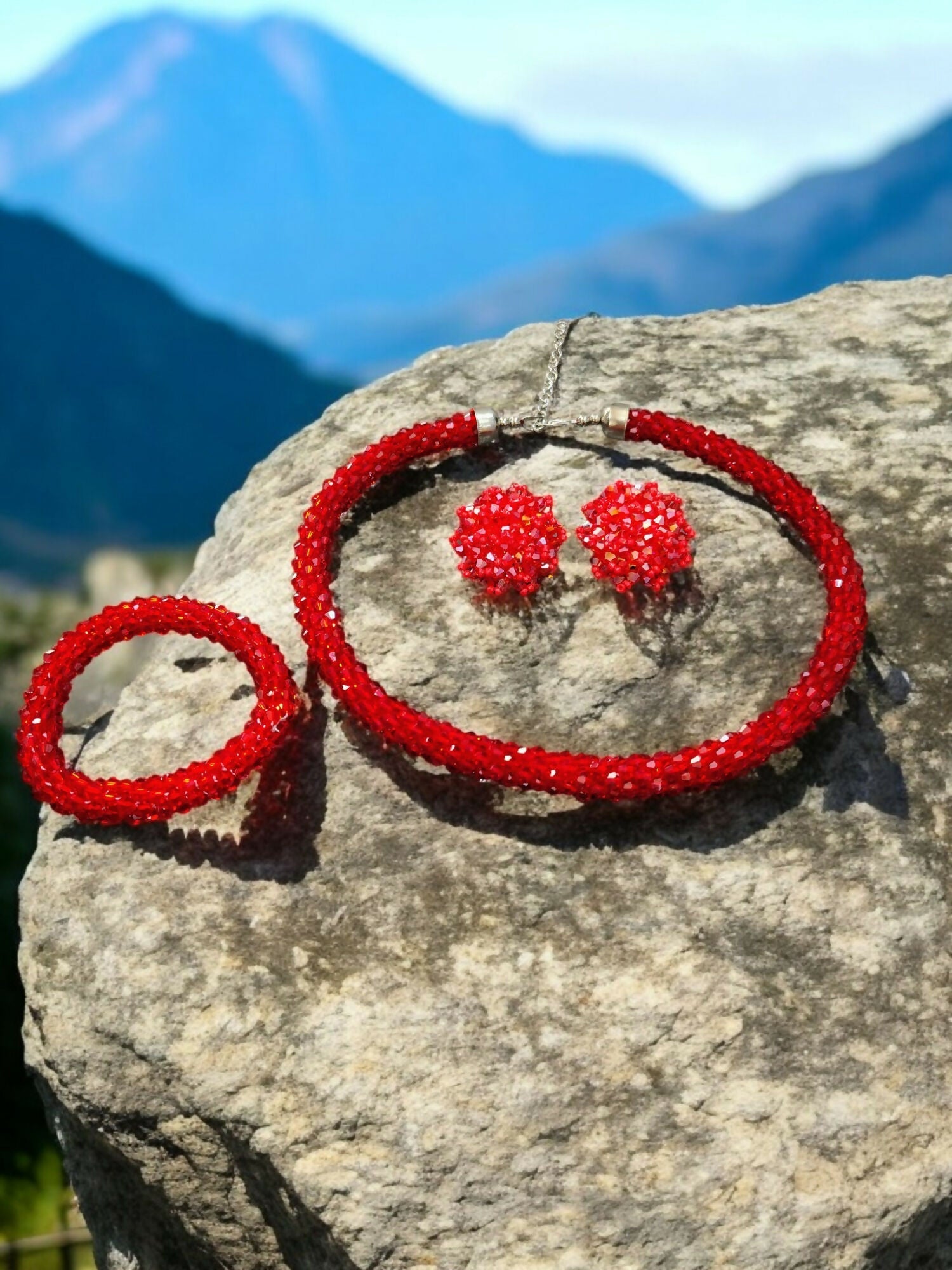 Inhanns Complete Look Crystal Statement 3-Piece Set (Adjustable Necklace + Earrings + Adjustable Bangle ) - Red