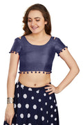 Aastha Fashion Women's Navy Blue Art Silk Pom Pom Lace Readymade Blouse