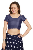 Aastha Fashion Women's Navy Blue Art Silk Pom Pom Lace Readymade Blouse
