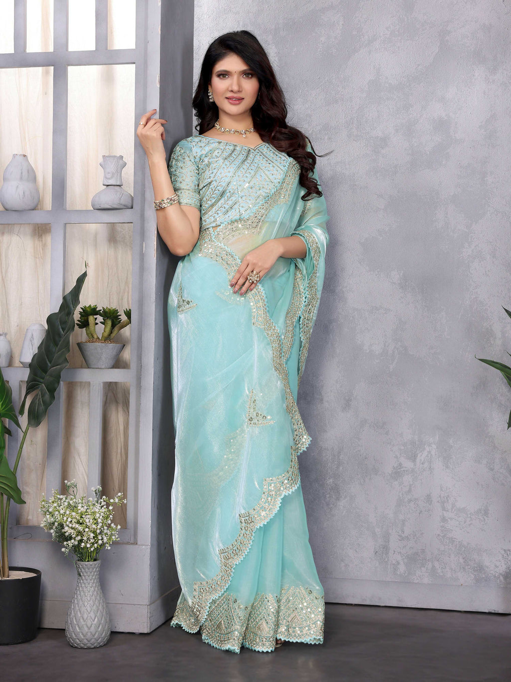 Vastranavya Sky Blue Embroidery Work Shimmer Chiffon Saree with Unstitched Blouse - Distacart