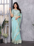 Vastranavya Sky Blue Embroidery Work Shimmer Chiffon Saree with Unstitched Blouse - Distacart