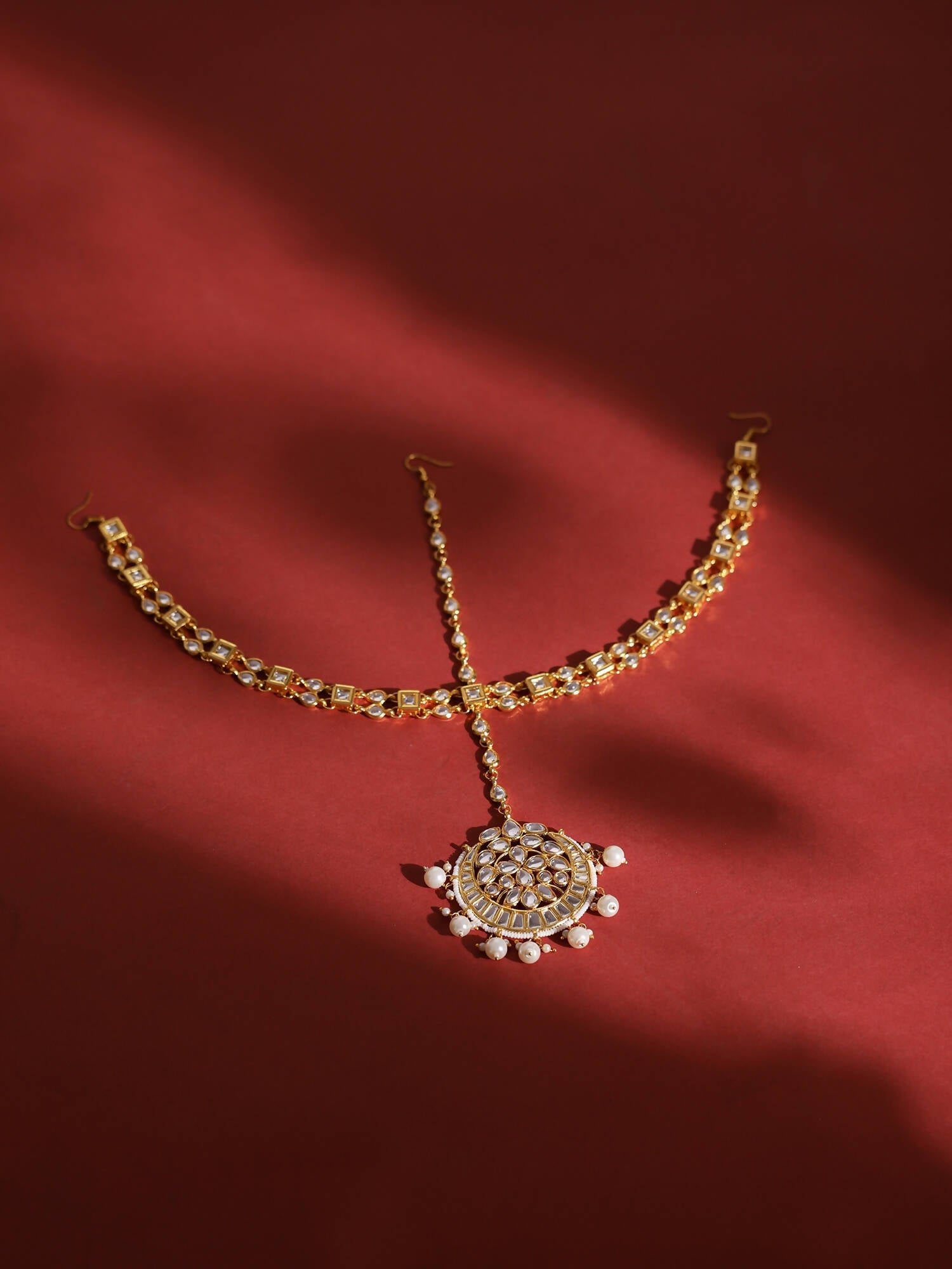 Gold-Plated White Kundan-Studded Pearl Beaded Matha Patti - Ruby Raang - Distacart
