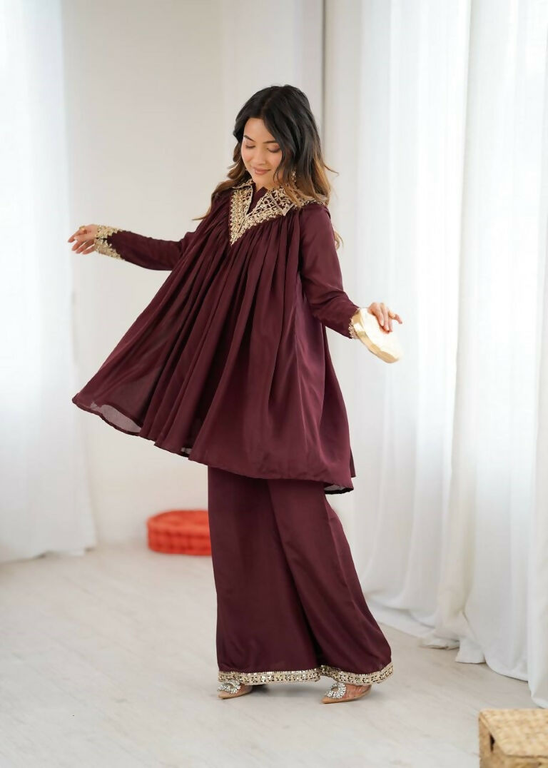 Teeya Creation Maroon Heavy Chinnon Silk Embroidery Work Plazo pair - Distacart
