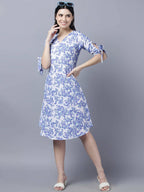 Myshka Women White Blue Printed A-Line Dress - Distacart