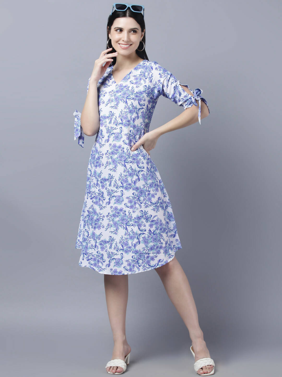 Myshka Women White Blue Printed A-Line Dress - Distacart