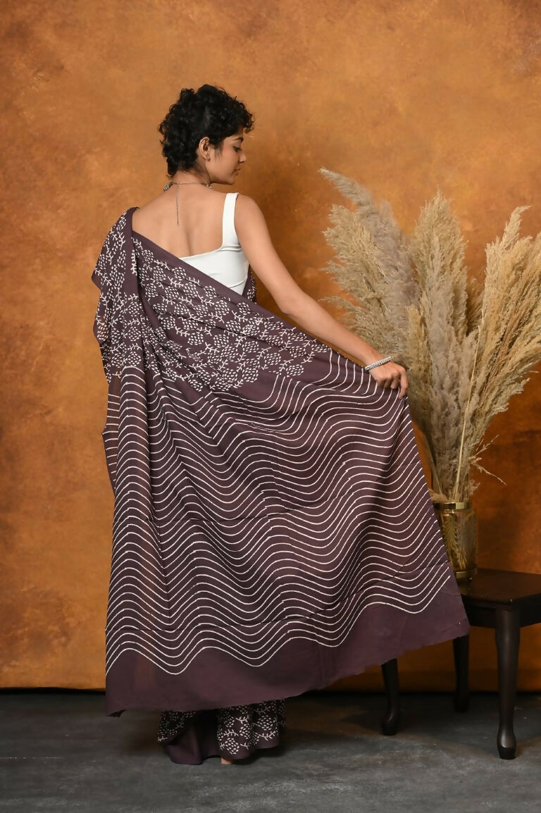 Very Much Indian Handblock Printed Cotton Saree With Natural Dyes - Brown - Distacart