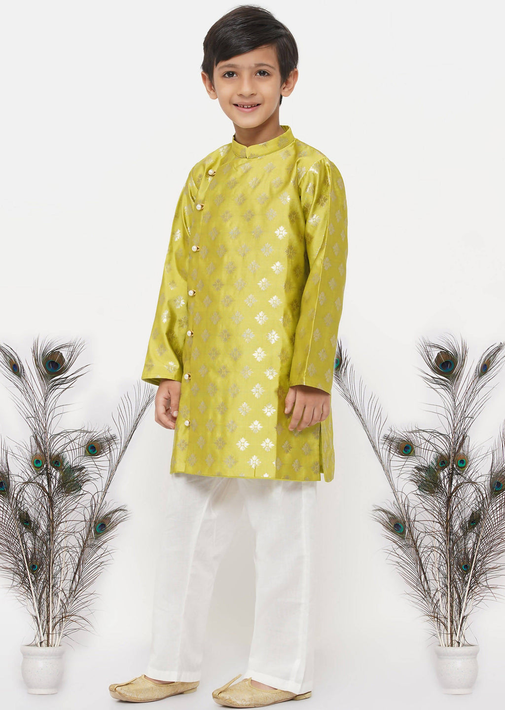 Little Bansi Boys Banarsi Silk Sherwani & Pyjama - Apple Green & Cream