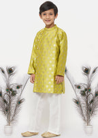Little Bansi Boys Banarsi Silk Sherwani & Pyjama - Apple Green & Cream